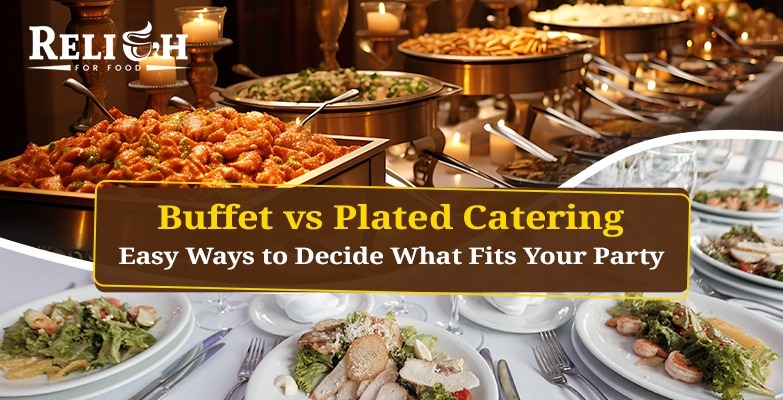 Buffet vs plated catering setup with assorted dishes